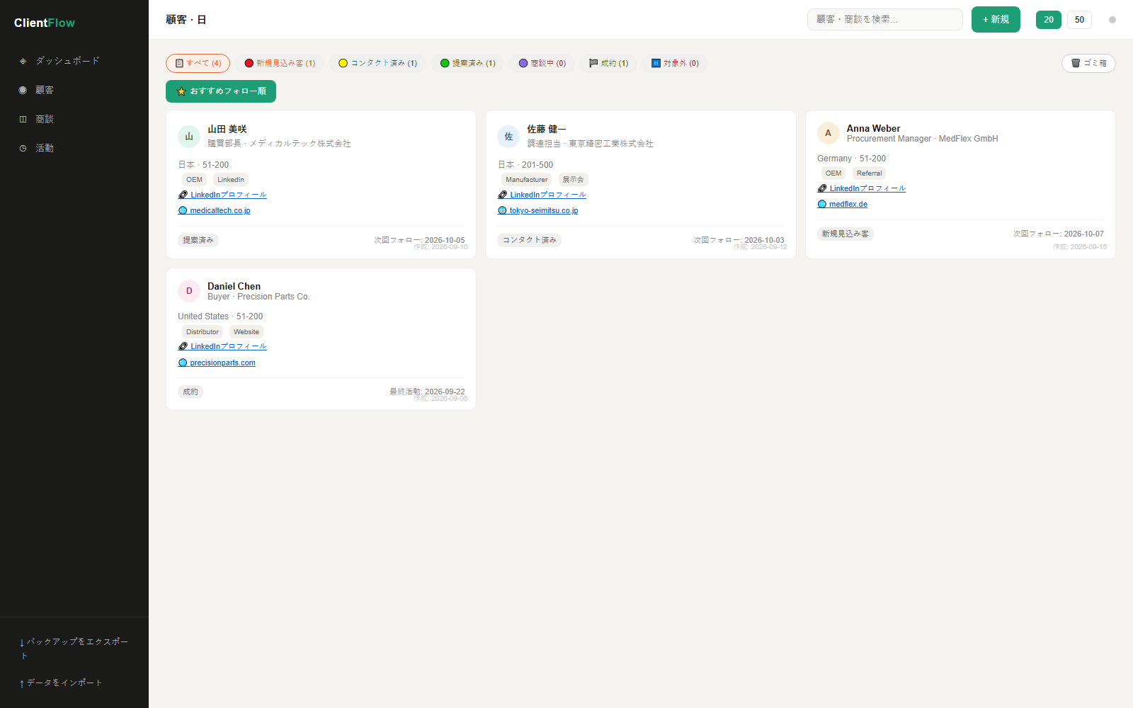 ClientFlow 顧客 - すべての顧客情報をひとつの場所に