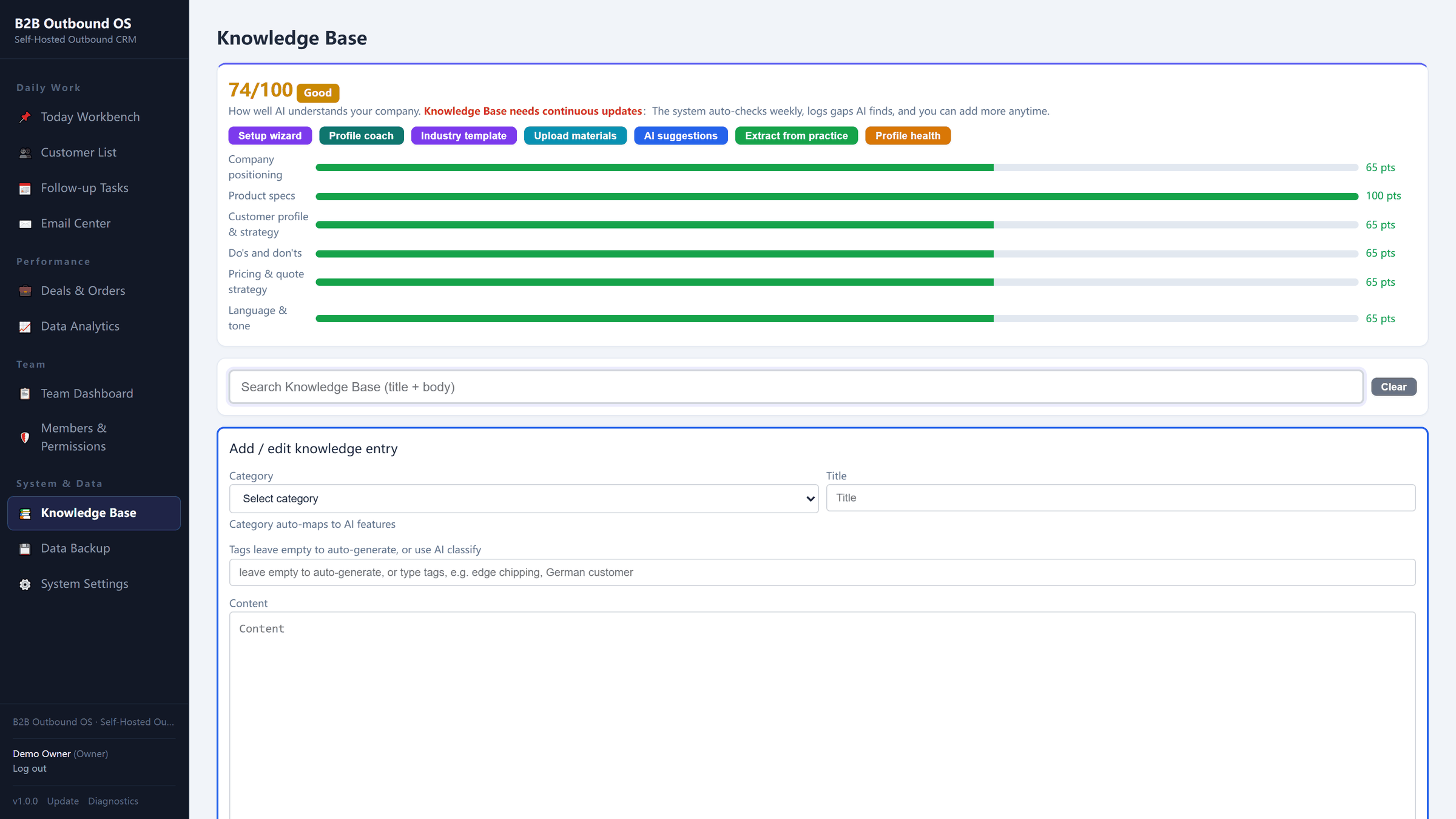 Knowledge base showing company sales knowledge and health score