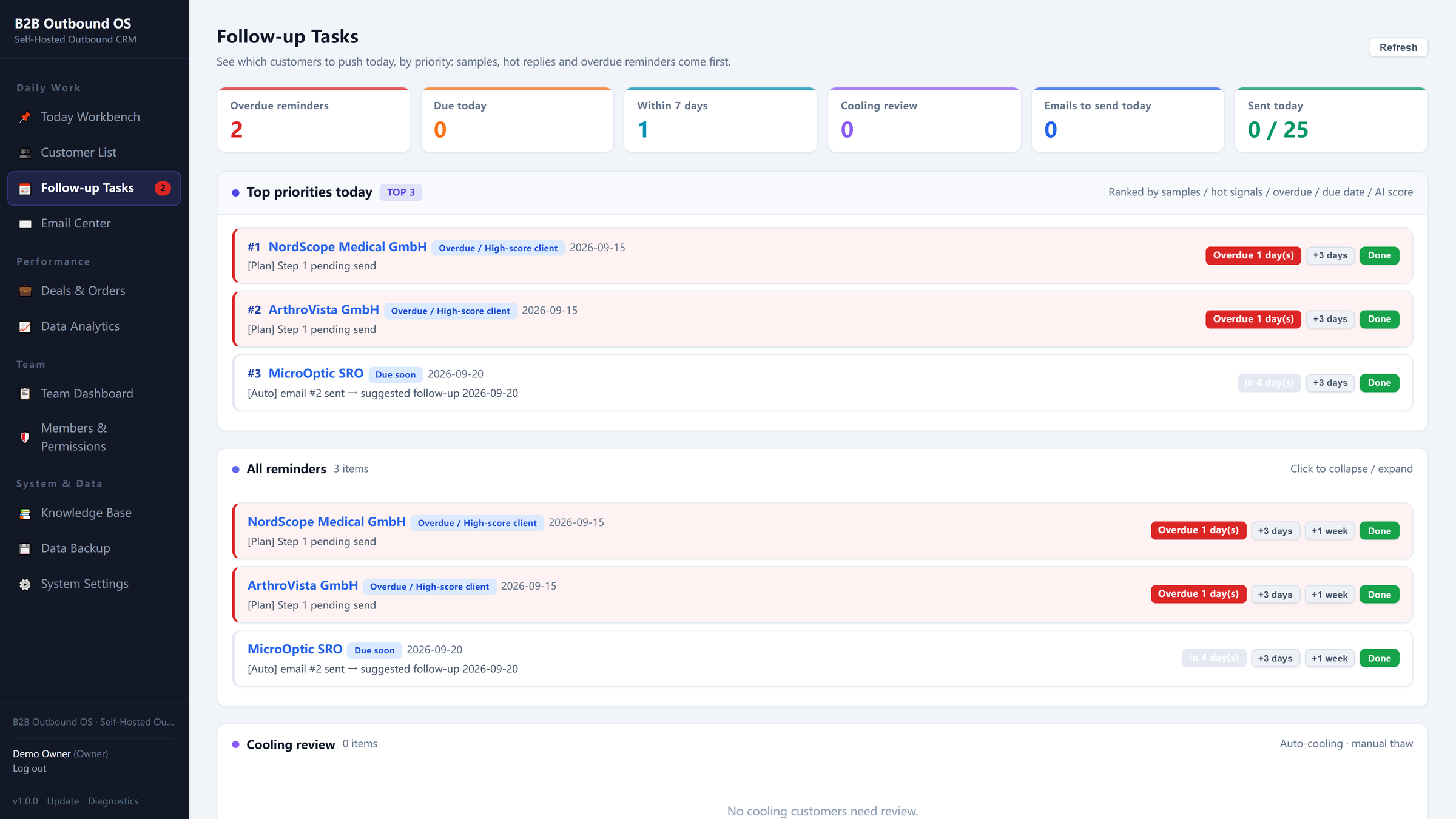 Follow-up tasks with no-reply and cooling rules