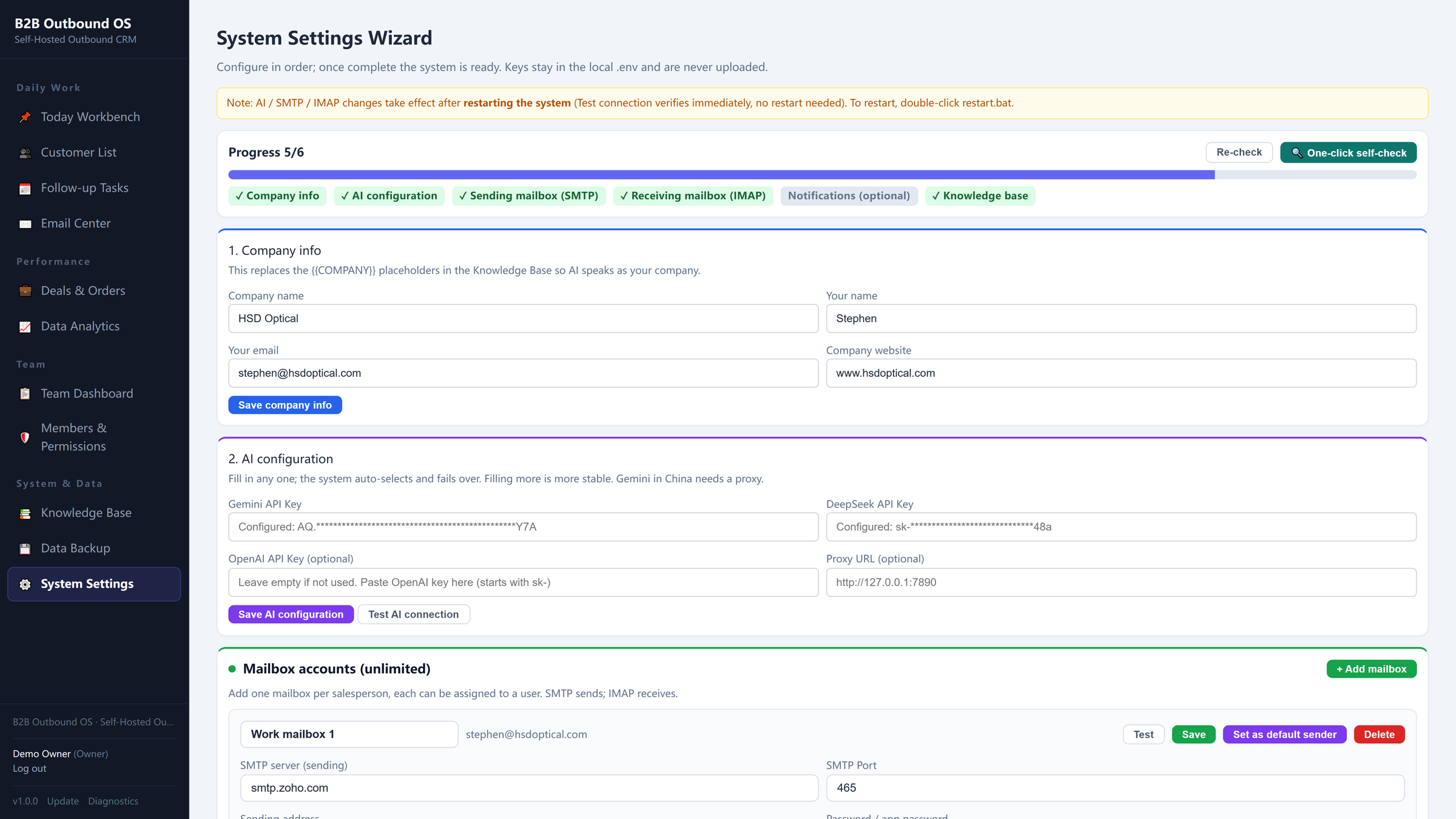 System settings and setup